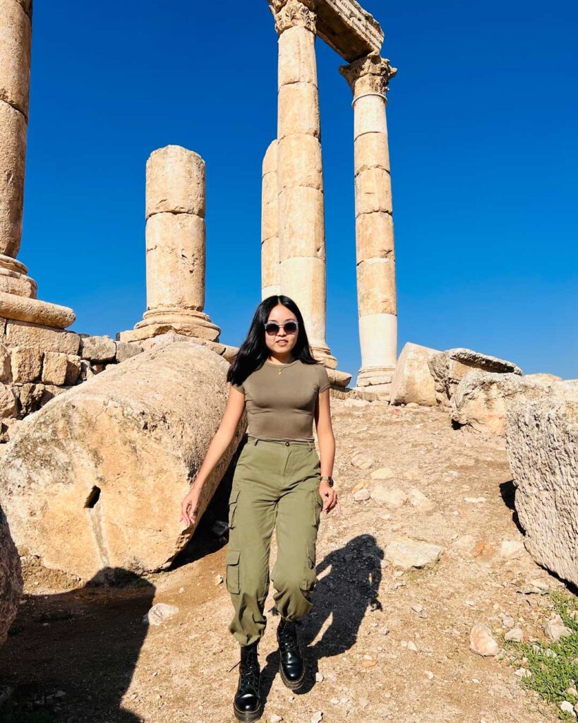 Aurora Zhu walking at Amman Citadel, Jordan