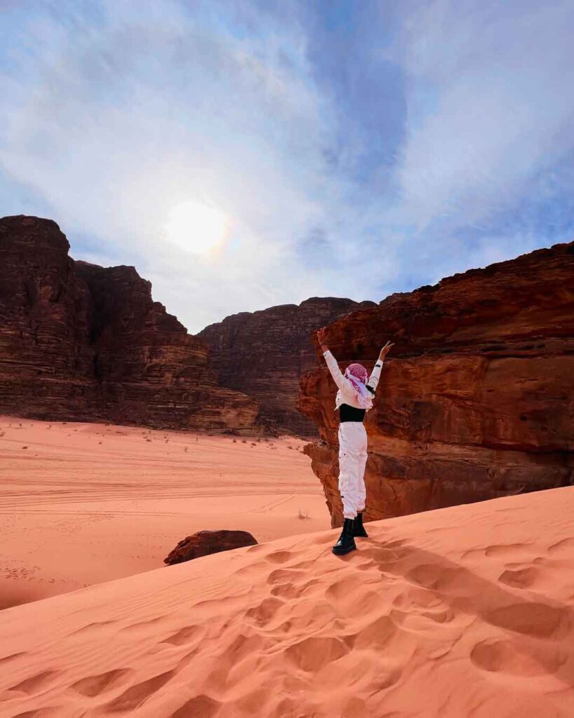 Aurora Zhu giving V-signs at Wadi Rum