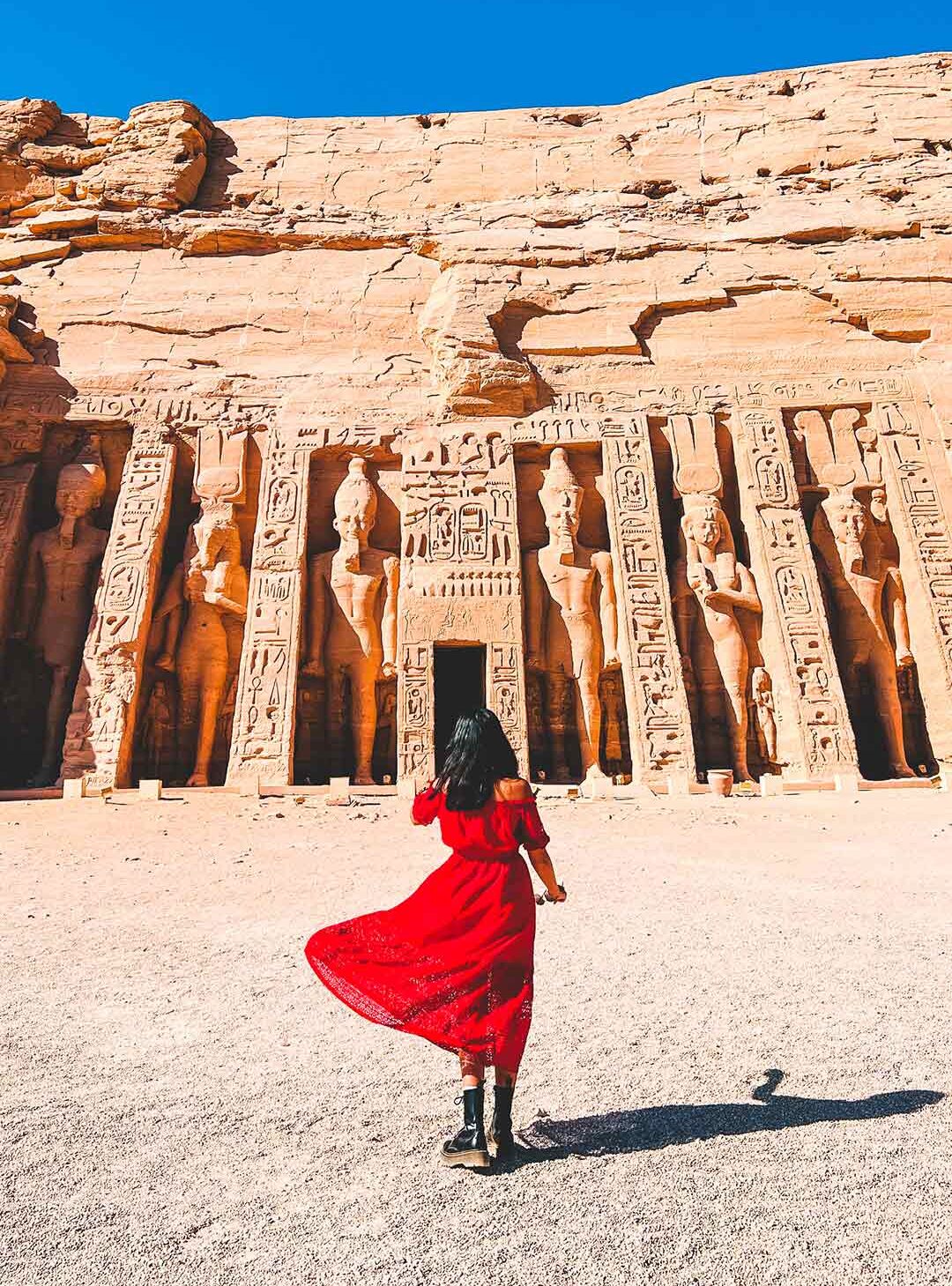 Aurora Zhu in front of the the Small Temple of Hathor and Nefertari at Abu Simbel