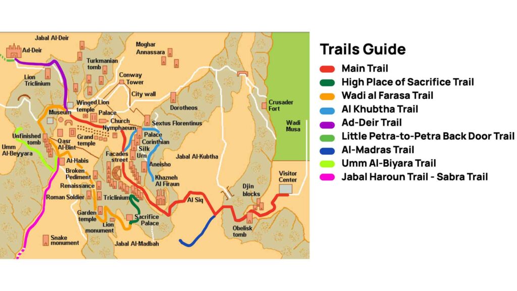 An approximate map of Petra with the primary trails